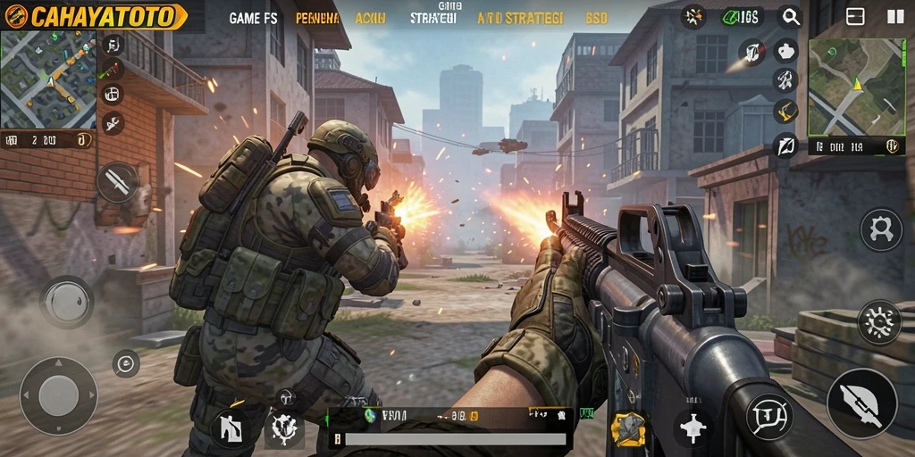 Tampilan menegangkan dari gameplay CAHAYATOTO dalam aksi FPS.