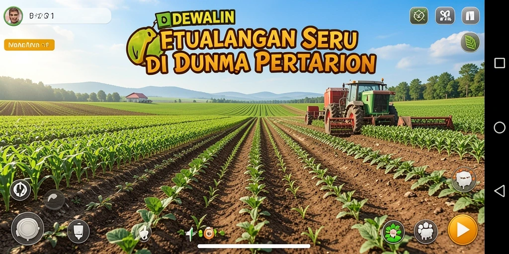 Screenshot gameplay DEWALIN menampilkan kebun yang subur dan hewan ternak yang bahagia.