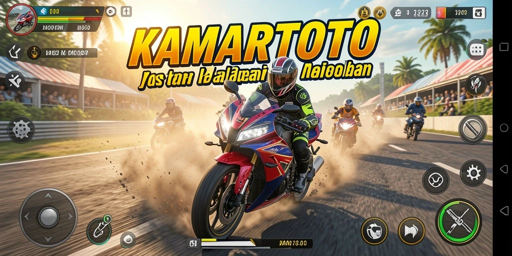 Gameplay seru KAMARTOTO dengan balapan motor yang mendebarkan.