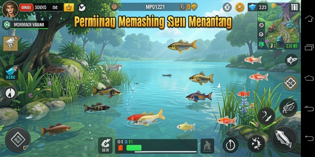 Tampilan utama gameplay MPO1221 dengan aksi memancing yang seru.